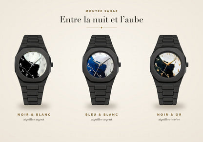 Montre Sahar, trois cadrans : noir et blanc, bleu et blanc, noir et or