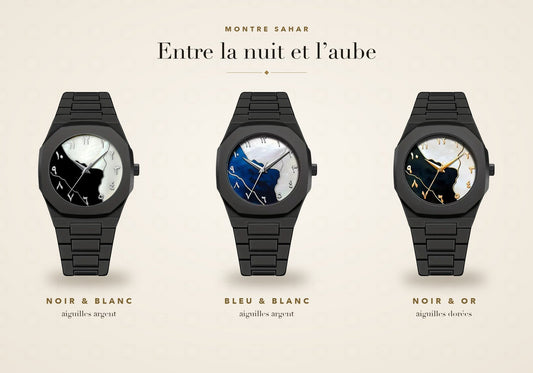Montre Sahar, trois cadrans : noir et blanc, bleu et blanc, noir et or